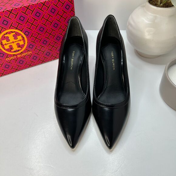 Tory Burch Leather Statement Heel Pumps Pointed Toe Black SN 141095 Women's 6M - Picture 5 of 10